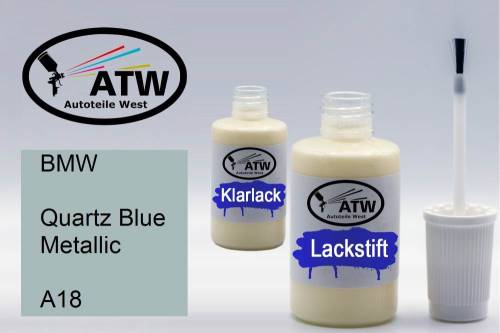 BMW, Quartz Blue Metallic, A18: 20ml Lackstift + 20ml Klarlack - Set, von ATW Autoteile West.